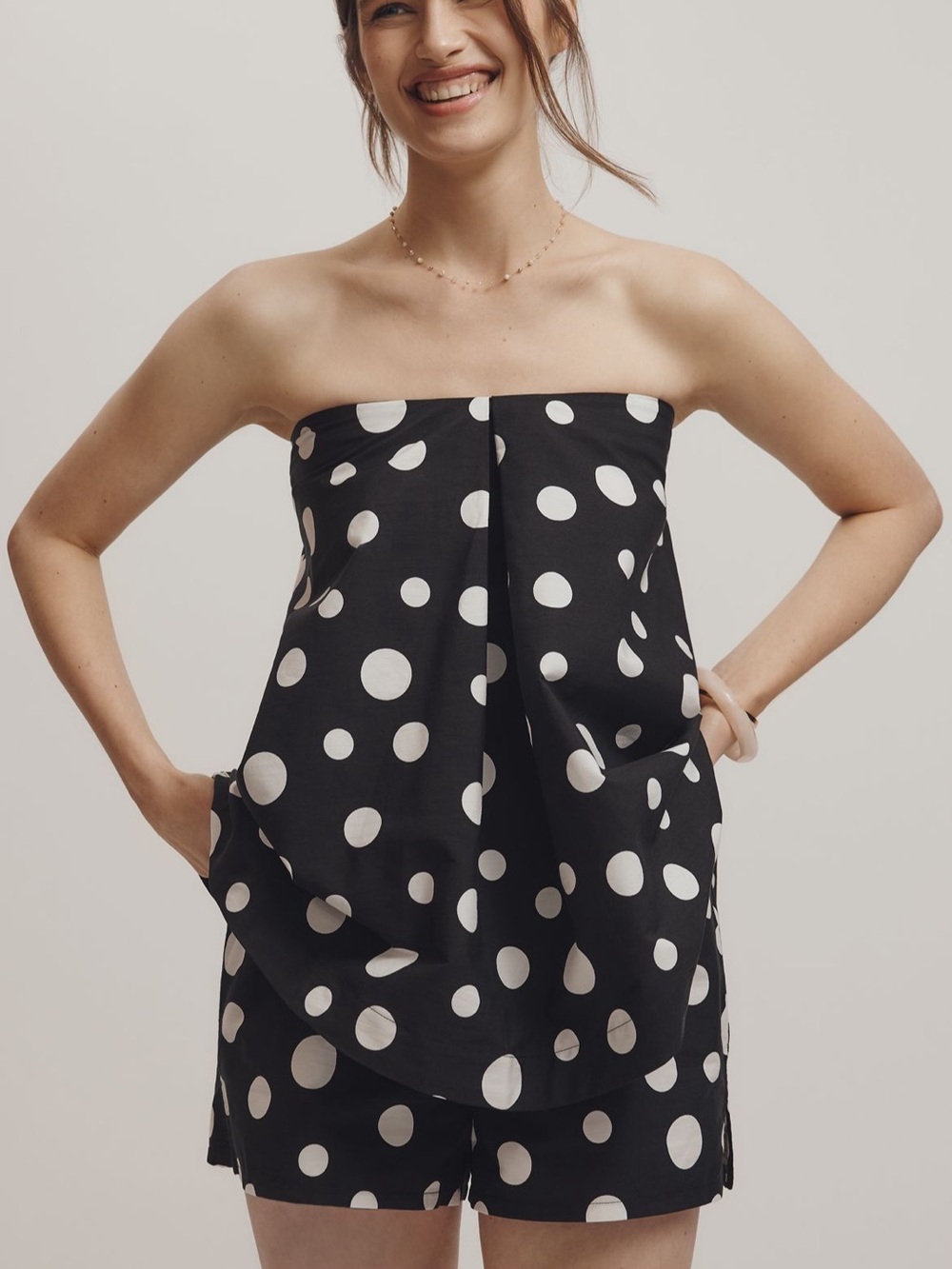Maeve Strapless Black and White Polka Dot swing top